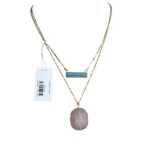 Loft Outlet Gold Tone Layer Necklace Pink Stone Pendant Faux Turquoise Bar NWT